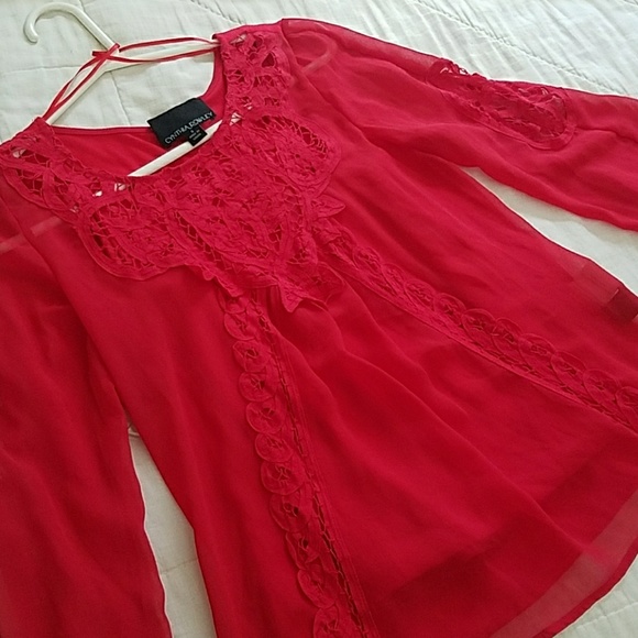 Red Bell Sleeved Lace Chiffon Blouse - Picture 6 of 8